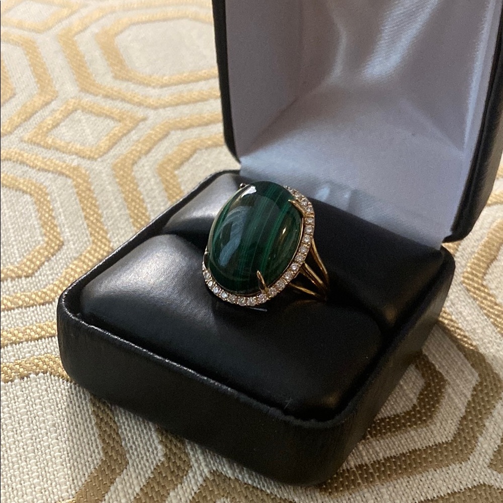 1980s Malachite 14kt Gold Ring With .50ct Diamonds, Approximate Size 7.5 - 8.5 - Picture 5 of 15